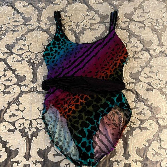Vintage 80s Rainbow Leopard One-Piece Swimsuit with Belt by Rose Marie Reid